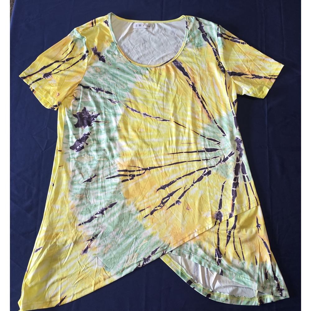 SMYS Women's 2XL Tie Dye Tunic Top Yellow Green‎ Asymmetrical SharkBite Hem Tee
